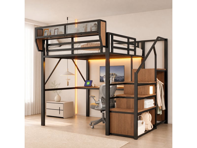 Lit mezzanine 140 x 200 cm en métal avec bureau, led et rangements, noir - Conforama B