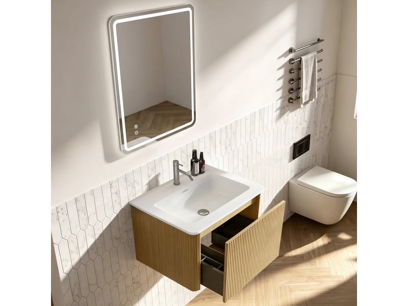  Ensemble meuble de salle de bain 60 cm avec vasque, miroir led 60x80 cm, chêne  - Conforama D