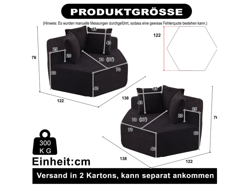 Fauteuil modulable hexagonal avec 3 coussins, assise moelleuse et agencement polyvalent en chenille noire - Conforama D