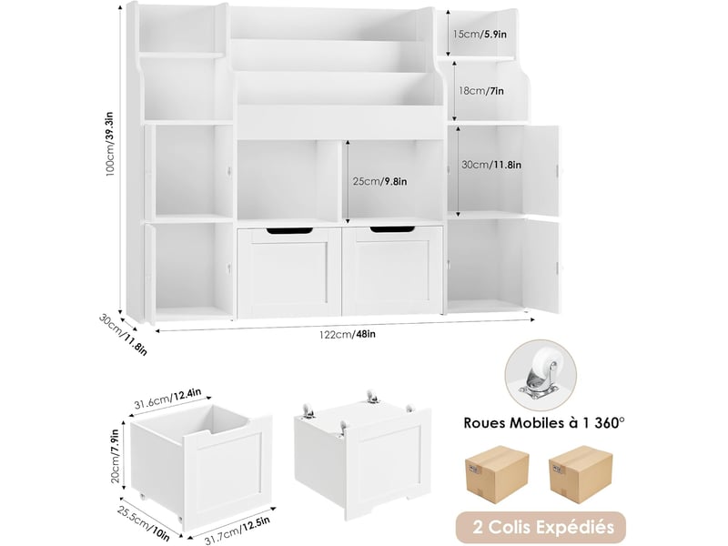  Meuble de rangement enfant bibliothèque enfant 122x30x100cm blanc  - Conforama C