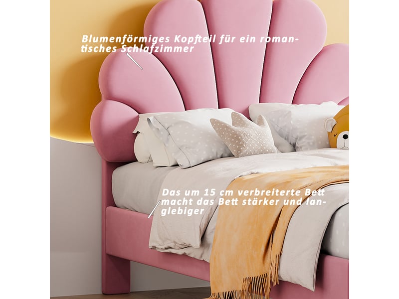  Lit enfant 90 × 200 cm 1 place avec tête de lit fleur rembourrée, sans matelas, en velours doux, rose  - Conforama E