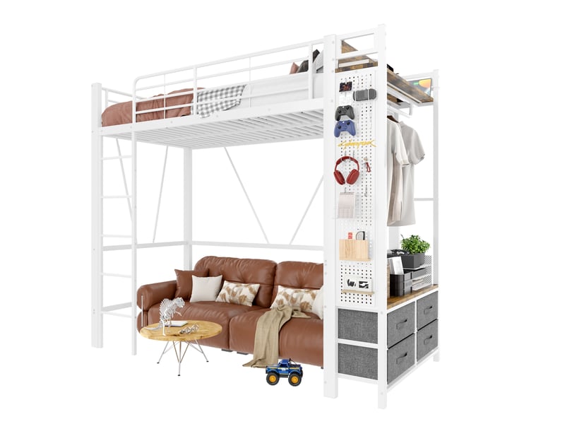  Lit mezzanine 90 x 200 cm en métal blanc avec 4 tiroirs, led, prise et usb-c  - Conforama A