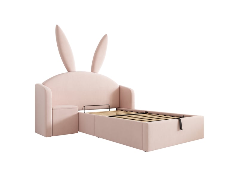  Lit coffre enfant 90x190cm, tête de lit oreilles de lapin, chevet, velours rose, sans matelas C-DEGAYUN - Conforama A