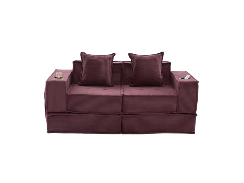  Canapé-lit double moderne en tissu – canapé 2 places, 2 coussins, pouf avec rangement, porte-boissons  - Conforama A