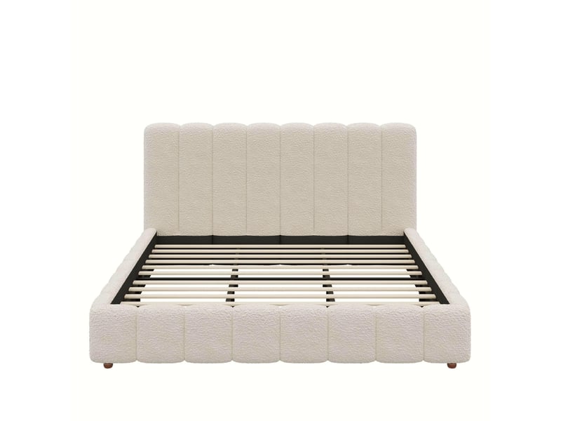  Lit double 180x200 cm en tissu bouclette blanc, tête rembourrée et pieds en bois massif  - Conforama A