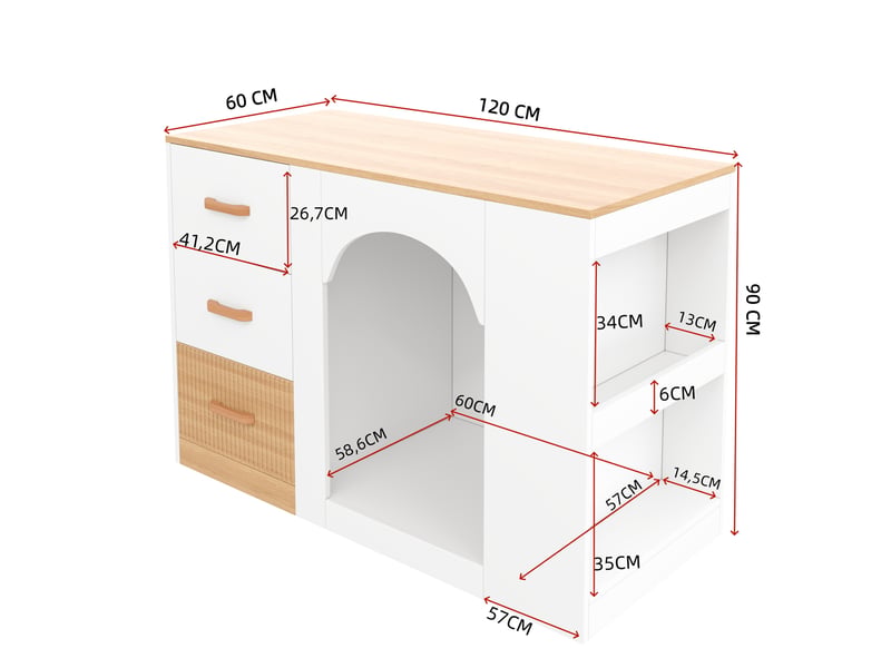 Îlot de cuisine avec espace, îlot central blanc et aspect bois, 3 tiroirs, 120x60x90 cm - Conforama W