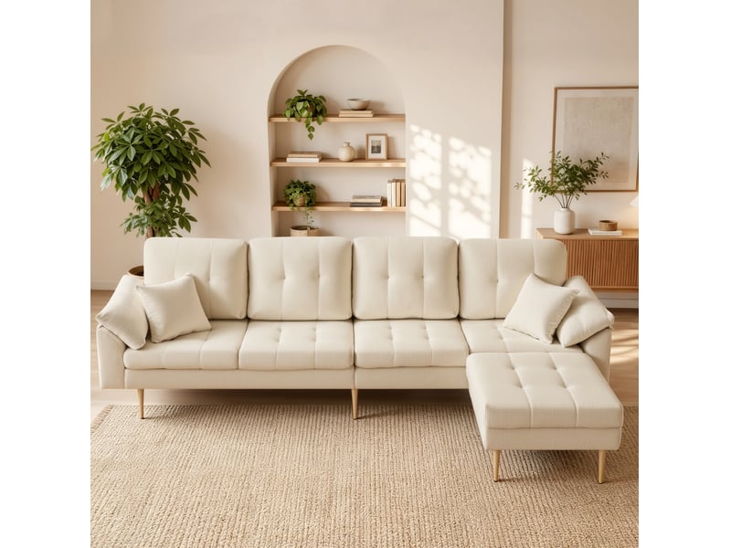  Canapé 4 places 250x70x71 cm avec pouf modulable en velours côtelé couleur beige clair  - Conforama D