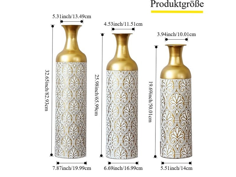 Lot de 3 vases de sol 506683 cm – doré et blanc – métal à décor blanc, pour plantes et fleurs séchées - Conforama C