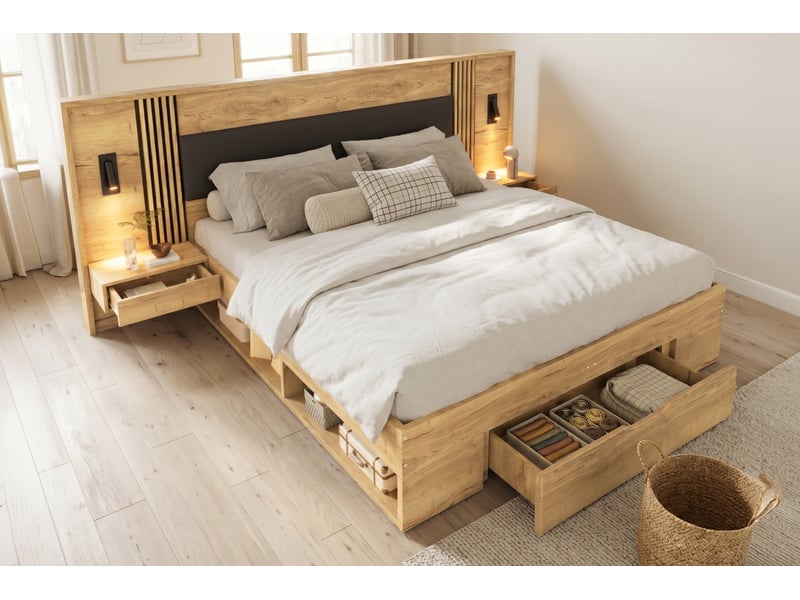  Lit double 180x200 cm avec sommier à lattes bois naturel mdf rangement tiroirs 2 tables de nuit et lampes de lecture intégrées Sol Morn - Conforama D