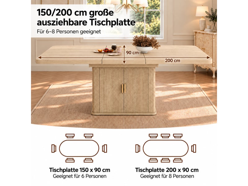  Table à manger extensible 150-200x90 cm pour 6 à 8 personnes, rangement intégré, plateau épais 2,8 cm, pied central, mdf effet chêne naturel  - Conforama E