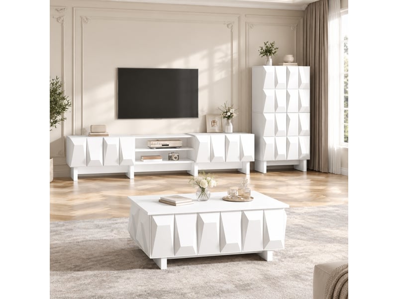  Ensemble de meubles de salon 3 pièces avec façades 3d et rangement en panneaux de particules blanc  - Conforama B