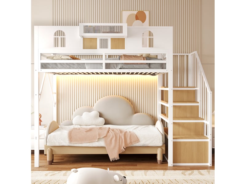  Lit mezzanine, 90x200 cm, bande lumineuse, avec escalier de rangement, matelas non inclus, mdf et métal, coloris blanc  - Conforama D