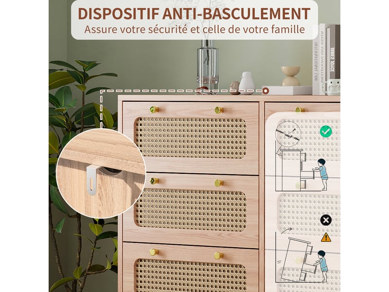 Commode 6 tiroirs - 100x34x73cm - meuble de rangement scandinave en rotin tressé avec pieds en bois - chêne naturel - Conforama D