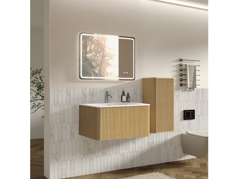 Armoire de salle de bain avec meuble sous vasque, colonne et miroir led anti-buée, pour salle de bain - Conforama C