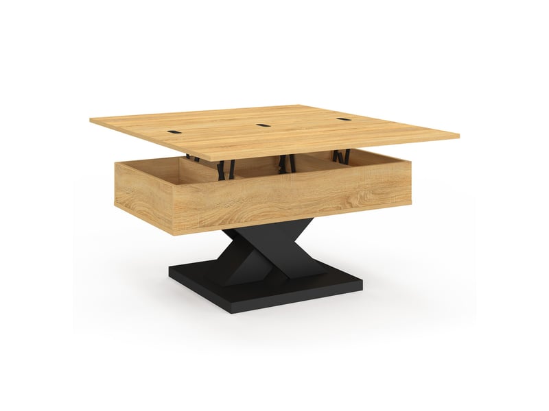  Table basse rectangulaire plateau relevable convertible en table à manger alicia 90 cm bois et pied noir  - Conforama A