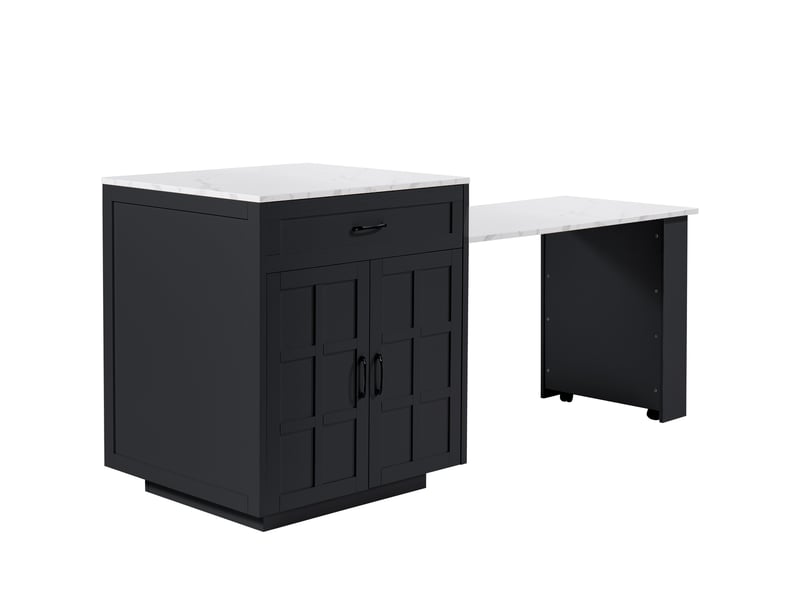 Table de bar extensible et îlot de cuisine avec rangement, plateau effet marbre, couleur noire élégante, 133-202x70x93.5cm - Conforama W