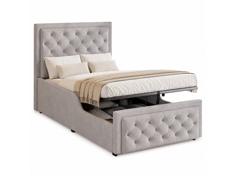 Lit coffre enfant simple 90×200 cm avec rangement, tête rembourrée - okmyhome- velours gris, sans matelas  - Conforama A
