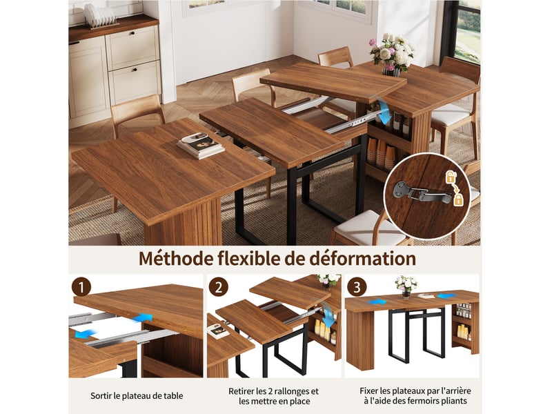  Table à manger extensible 120160200x80x78 cm, rangement intégré, pieds métal noir, mdf, marron foncé  - Conforama E