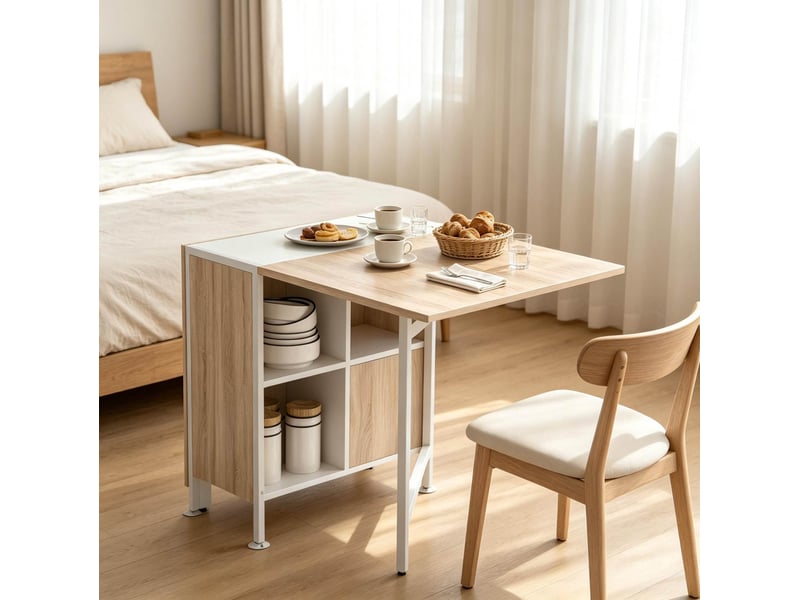 Table de salle à manger pliante avec 4 niches de rangement, plateau rabattable en mdf et acier blanc chêne clair - Conforama E