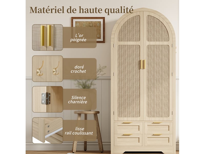  Armoire 80x50x180 cm avec 2 portes incurvées et 4 tiroirs en mdf couleur chêne clair, panneaux de portes en rotin  - Conforama E