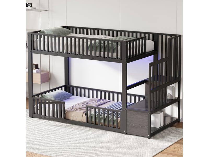  Lit superposé 2 places 90 × 200 cm avec led réglable, échelle de rangement et barrières, sans matelas, noir  - Conforama D