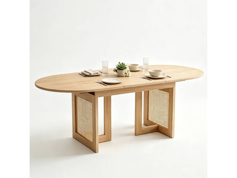  Table à manger extensible 150-200 x 90 cm, coins arrondis, pieds en rotin, chêne Jamama eleni - Conforama A