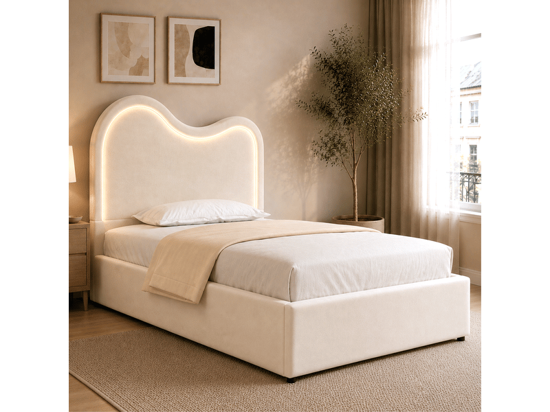 Lit coffre 90x200 cm, rangement hydraulique, tête de lit lumineuse, en velours, beige, sans matelas  - Conforama E