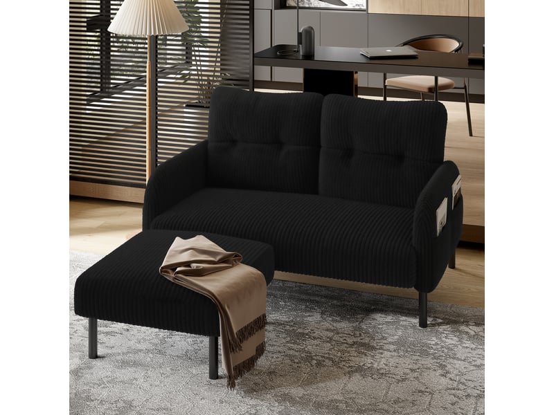  Canapé droit 2 places 120x75 cm avec poches latérales, velours côtelé noir Morn Vibe - Conforama D