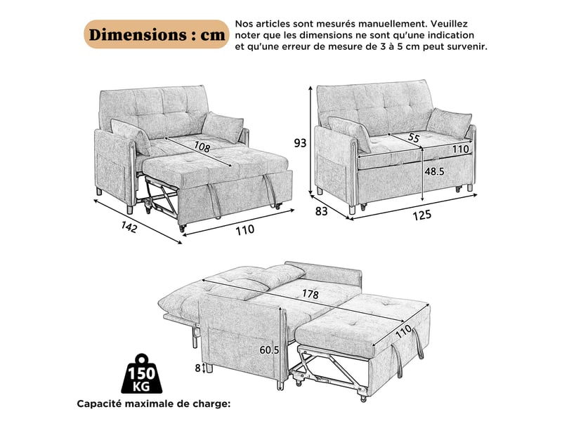  Canapé convertible 2 places 3-en-1 en chenille beige clair, 125x83x93 cm  - Conforama C
