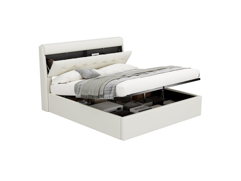  Lit coffre 160x200cm avec tête de lit de rangement, spacieux et confortable, design tendance, pu, blanc, sans matelas  - Conforama E