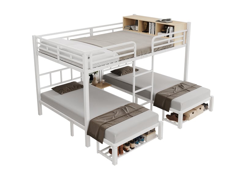 Lit superposé 140 × 200 cm et 90 × 200 cm, 3 places avec étagère et rangement chaussures, sans matelas, métal blanc - Conforama A