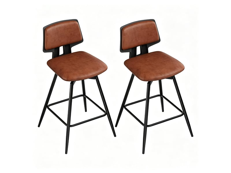  Tabouret de bar pivotant 360° avec dossier ergonomique et repose-pieds, lot de 2, en cuir et métal brun  - Conforama A
