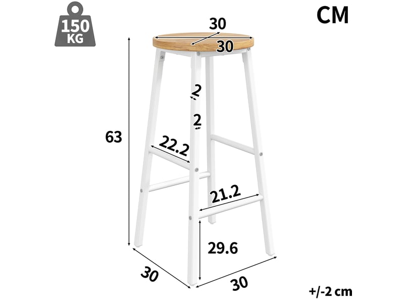  Tabourets de bar 30x30x63 cm lot de 2, avec double repose-pieds, tabouret cuisine design moderne, mdf et métal, blanc  - Conforama C
