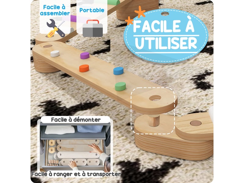  Poutre d'équilibre en bois pour enfants 3-8 ans avec pierres d'obstacle colorées, intérieur et extérieur  - Conforama E