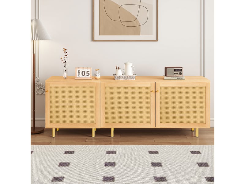 Buffet modulable avec 3 portes et étagères de rangement pour salle à manger en mdf naturel - Conforama C