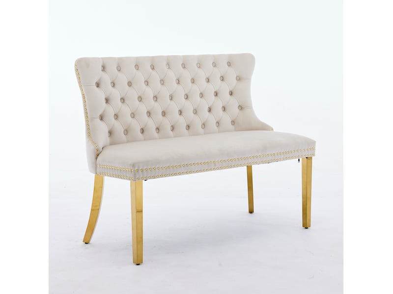  Banc de salle à manger 2 places en velours beige, dossier capitonné à ailes, pieds en acier inoxydable plaqué or  - Conforama A
