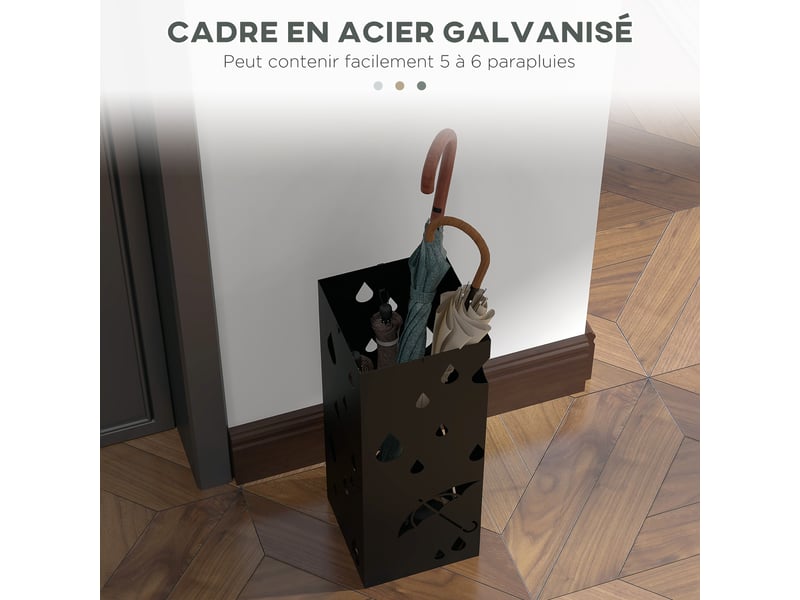  Porte-parapluie support à parapluie carré en acier avec 4 crochets et bac de récupération amovible d'eau noir  - Conforama A