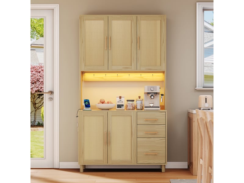  Buffets bahuts - buffet haut moderne avec lumières led, connexion bluetooth, 2 usb, 2 prises et rangement fonctionnel - naturel  - Conforama E