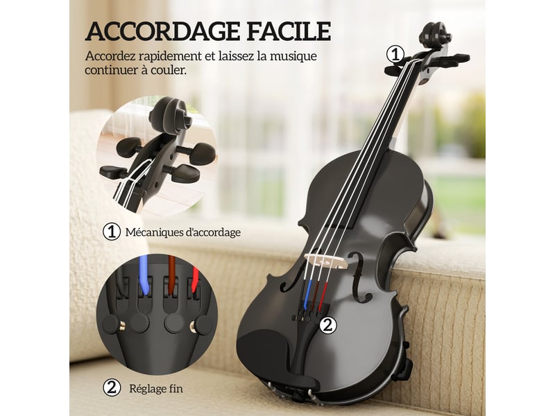  Violon 44 ensemble de violon en bois massif pour adultes et débutants avec étui léger et portable 60 x 21 cm noir  - Conforama W