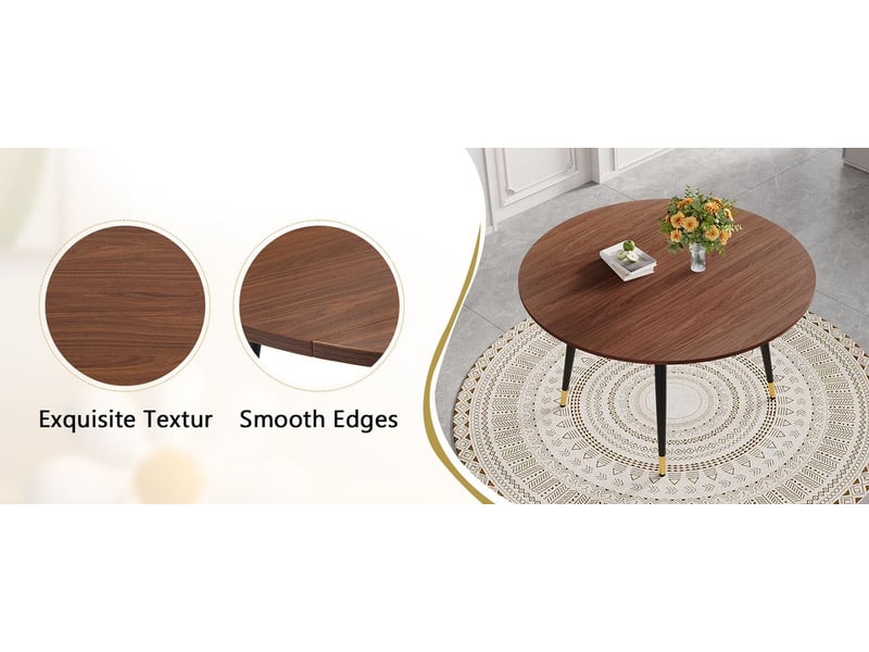  Table extensible forme ronde à ovale table de salle à manger plateau mdf noir et noyer accents dorés pieds métal stables  - Conforama E