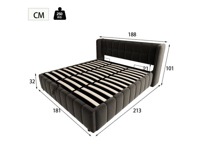  Lit coffre 180 x 200 cm avec rangement pneumatique, tête de lit capitonnée, sommier à lattes, lin gris  - Conforama C