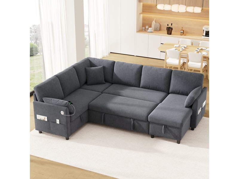  Canapé d'angle convertible réversible 6 places 255 × 196 × 85 cm, couchage 231 × 108 cm, rangements, ports usb, gris  - Conforama B