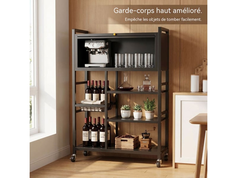  Rangement cuisine mobile 5 niveaux noir avec porte translucide et roulettes avec frein  - Conforama E