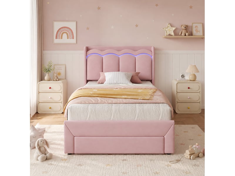 Lit avec rangement enfant 90x200 cm en velours rose avec tiroir et éclairage led  - Conforama E