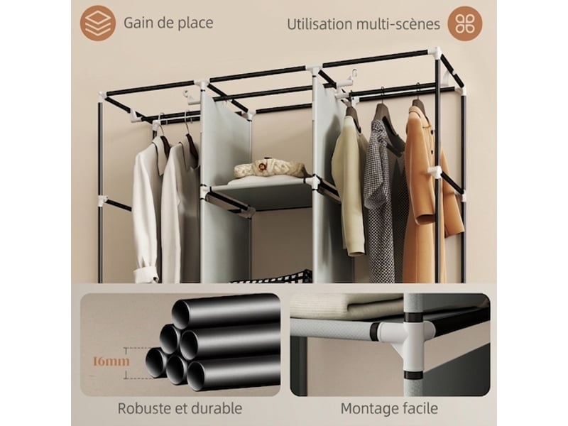  Armoire en tissu gris clair avec 2 tringles et 3 tiroirs, penderie pliante anti-poussière, 125x43x162,5 cm  - Conforama D