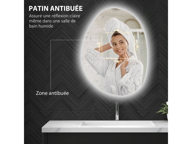  Miroir salle de bain avec éclairage led 80 x 60 cm, miroir lumineux mural avec antibuée, mémoire, ip44, argenté  - Conforama E