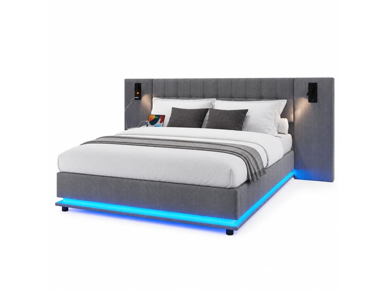  Lit rembourré 180 x 200 cm gris en lin avec led, spots et usb, sans matelas  - Conforama A
