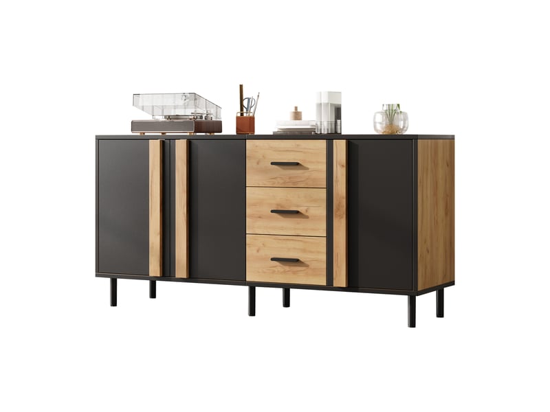  Buffet 140 x 35 x 70 cm, 3 portes et 3 tiroirs, 6 pieds métal, mdf noir et effet bois naturel evarich - Conforama A