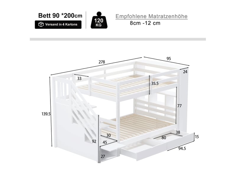 Lit superposé 90 x 200 cm en pin blanc avec escalier et rangements  - Conforama C