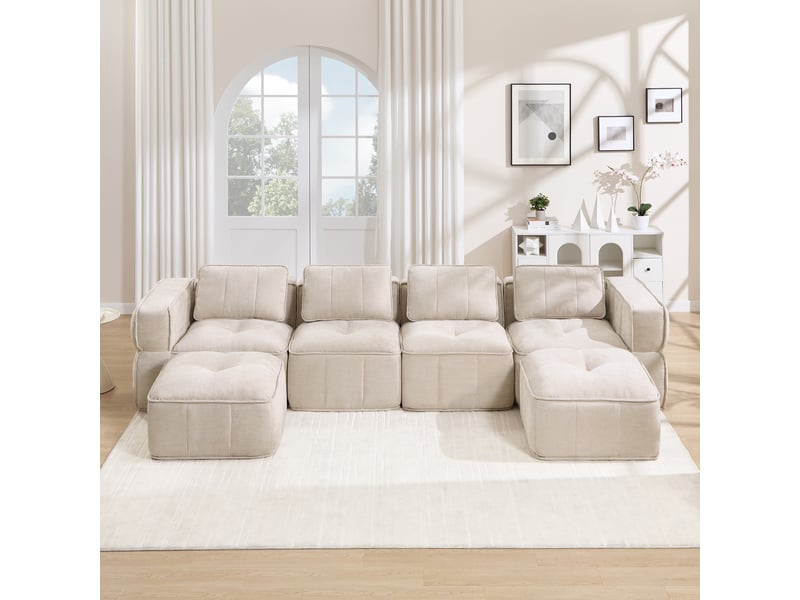  Canapé 4 places - 344x162x67cm - canapé panoramique en u avec 2 poufs repose-pieds en mousse 32d sans cadre - beige  - Conforama D